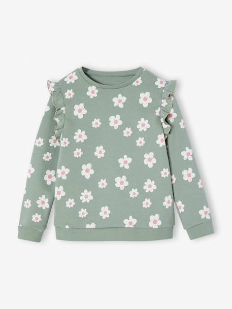 Mädchen Sweatshirt mit Volants und Prints graugrün+marine+wollweiß 1