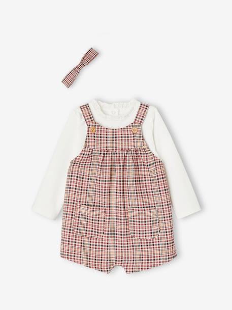 Mädchen Baby-Set: karierte Latz-Shorts, Shirt & Haarband rosenholz 1