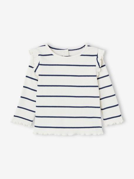 Geripptes Mädchen Baby Shirt mit Volantärmeln, Bio-Baumwolle malve+wollweiß 5