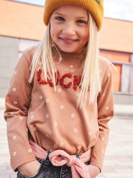 Mädchen Shirt mit Reliefschrift - braun+dunkelgrün+wollweiß - 1