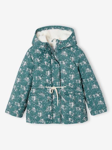 Warmer Mädchen Kapuzenparka mit Blumenmuster, Recycling-Polyester smaragdgrün 1