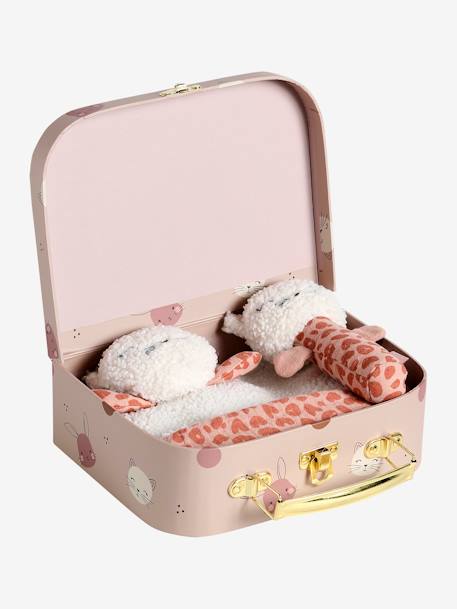 Baby Geschenk-Set: Stoffkatze & Rassel im Koffer rosa 3