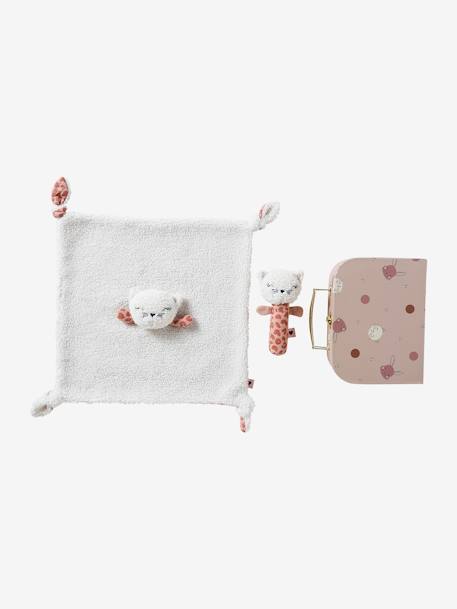 Baby Geschenk-Set: Stoffkatze & Rassel im Koffer rosa 6