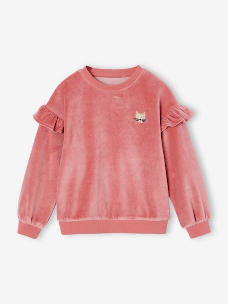 Mädchen Samt-Sweatshirt mit Katze und Volants rosa 1