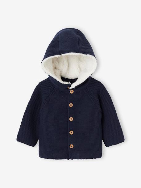 Baby Strickjacke, Kapuze mit Teddyfleece-Futter marine 1