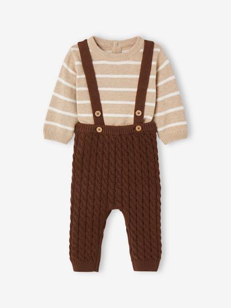 Baby-Set: gestreifter Pullover & Strickhose mit Trägern Oeko-Tex schokolade 2