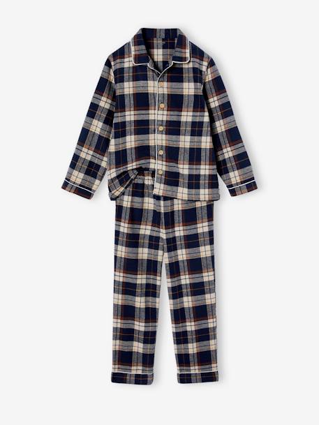 Jungen Schlafanzug aus Flanell mit Karos, personalisierbar Oeko-Tex dunkelblau kariert 1