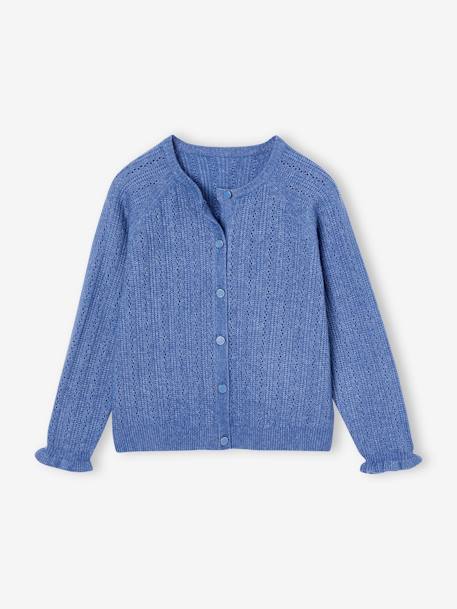 Flauschige Mädchen Strickjacke mit Ajourmuster blau chambray+wollweiß 1