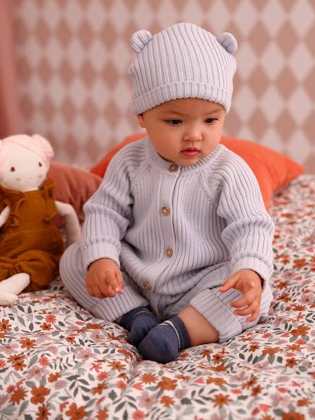 Baby-Set: gerippter Strickoverall & Mütze mit Ohren hellblau 1