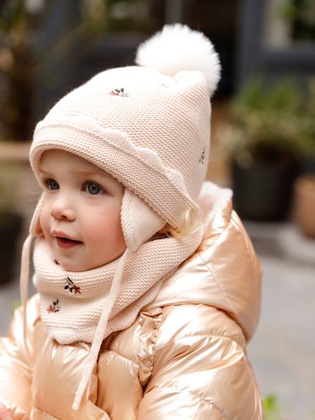 Mädchen Baby-Set: Mütze, Rundschal & Fäustlinge mit Blumen puder 8