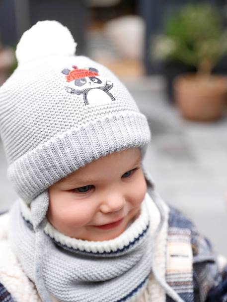 Jungen Baby-Set: Mütze, Rundschal & Fäustlinge, Panda grau meliert 7