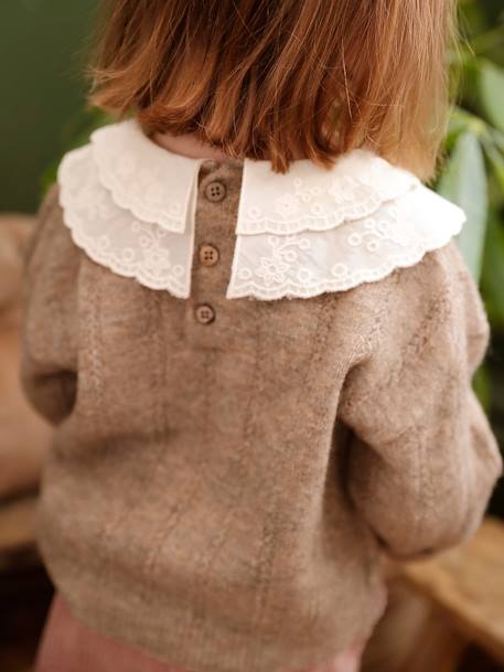 Mädchen Baby Pullover mit besticktem Zierkragen taupe 6