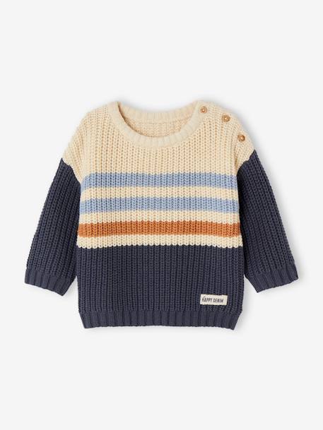 Gestreifter Jungen Baby Pullover mit Knöpfen Oeko-Tex schieferblau 2