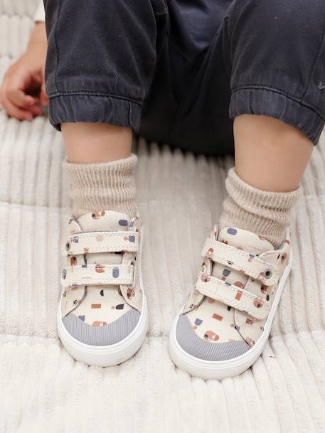 Baby Stoffsneakers mit Klettriemchen beige bedruckt+hellblau 2