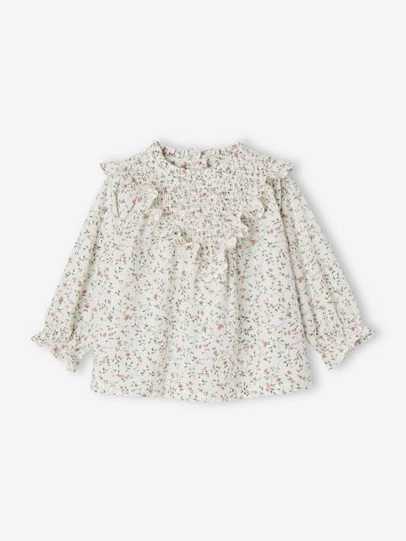 Gesmokte Mädchen Baby Bluse mit Blumenmuster wollweiß 1