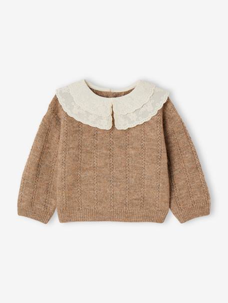 Mädchen Baby Pullover mit besticktem Zierkragen taupe 2