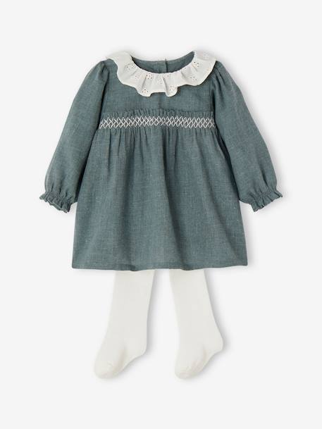 Weihnachtliches Baby-Set: Kleid mit Kragen & Strumpfhose grün 1