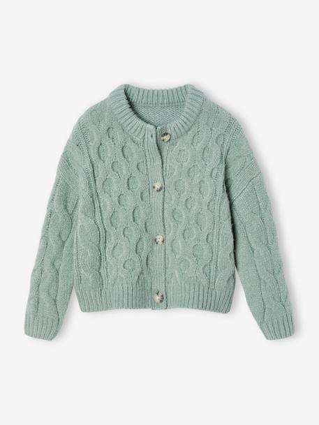 Mädchen Cardigan aus Zopfstrick graugrün+wollweiß 1