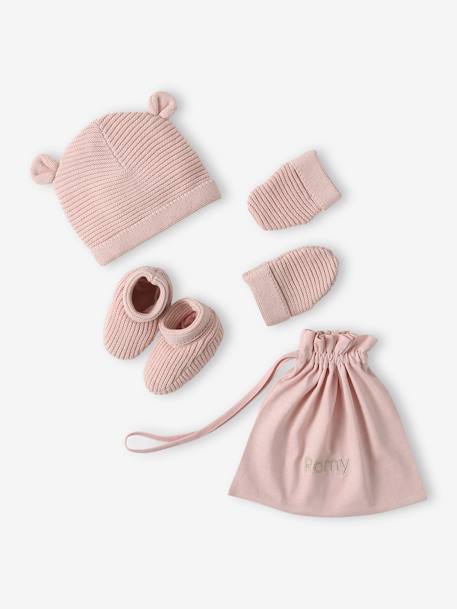 Baby-Set: Mütze, Fäustlinge & Schühchen im Geschenkbeutel Oeko Tex graublau+jeansblau+marine+pudrig rosa+wollweiß 17