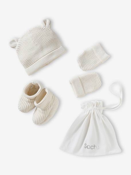 Baby-Set: Mütze, Fäustlinge & Schühchen im Geschenkbeutel Oeko Tex graublau+jeansblau+pudrig rosa+wollweiß 25