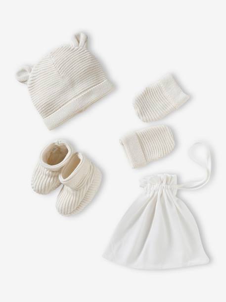 Baby-Set: Mütze, Fäustlinge & Schühchen im Geschenkbeutel Oeko Tex graublau+jeansblau+pudrig rosa+wollweiß 19