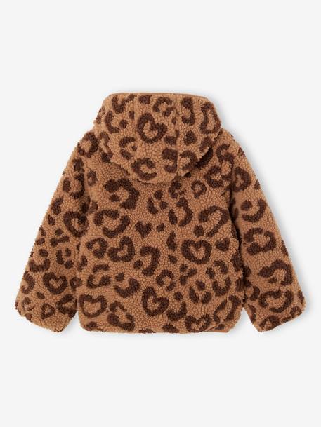 Mädchen Teddyfleece-Jacke mit Kapuze und Leopardenmuster braun bedruckt 2