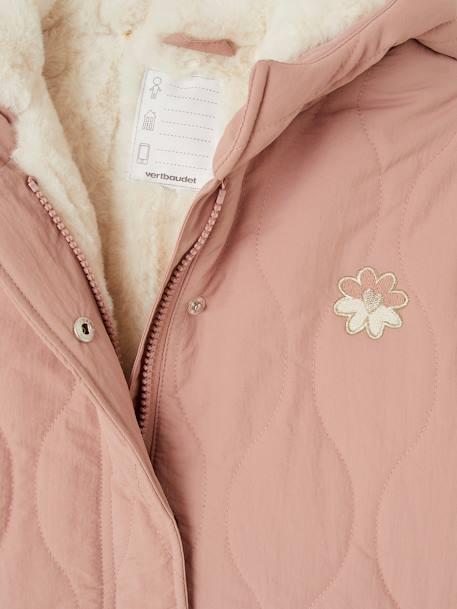 Lange Mädchen Steppjacke mit Kapuze und Webpelzfutter, Recycling-Polyester pudrig rosa+smaragdgrün 4