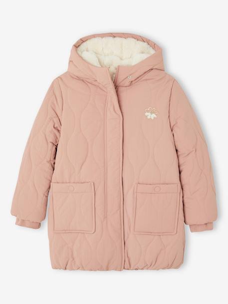 Lange Mädchen Steppjacke mit Kapuze und Webpelzfutter, Recycling-Polyester pudrig rosa+smaragdgrün 1