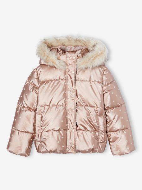 Mädchen Steppjacke mit Kapuze und Fleecefutter, Wattierung Recycling-Polyester anthrazit+gold+rosa bedruckt 11