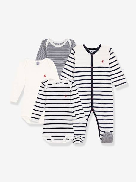 Baby-Set: Strampler & 3 Bodys mit Streifen PETIT BATEAU blau gestreift 1