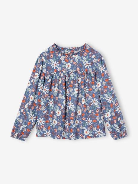 Mädchen Bluse mit Blumenmuster indigo-blau+pudrig rosa+salbeigrün+wollweiß 1