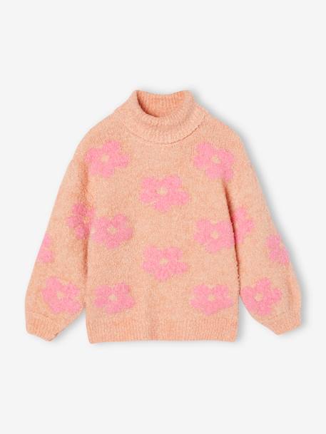 Flauschiger Mädchen Rollkragenpullover mit Muster graugrün+rosa 7