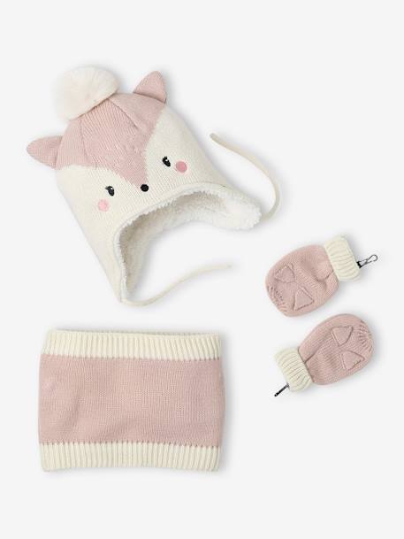 Mädchen Baby-Set: Mütze, Rundschal & Fäustlinge, Katze hellrosa 1