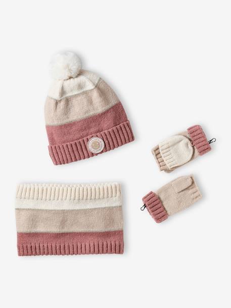 Mädchen-Set: Mütze, Rundschal & 2-in-1-Handschuhe, Colorblock rosa gestreift 1