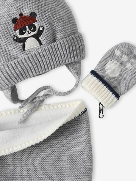 Jungen Baby-Set: Mütze, Rundschal & Fäustlinge, Panda grau meliert 2