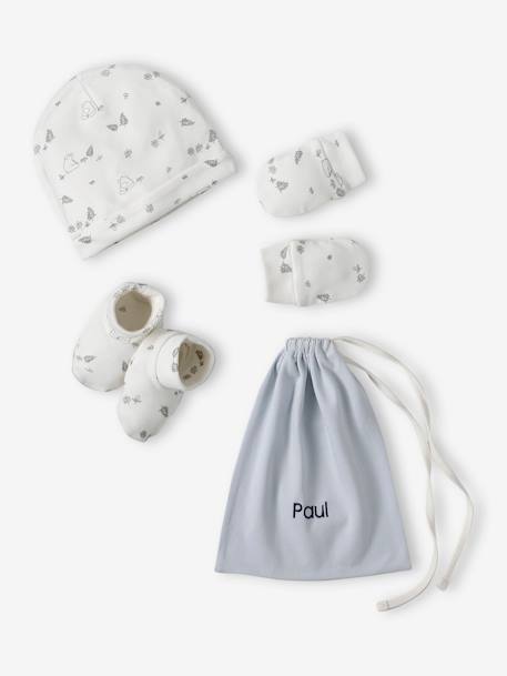 Jungen Baby-Set: Mütze, Fäustlinge, Schühchen & Beutel BÄR, personalisierbar hellblau 1