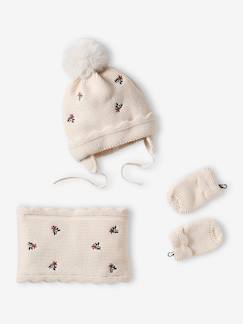 Mädchen Baby-Set: Mütze, Rundschal & Fäustlinge mit Blumen  [numero-image]