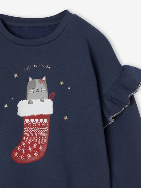 Mädchen Sweatshirt mit Glitzerkatze und Recycling-Polyester marine 3