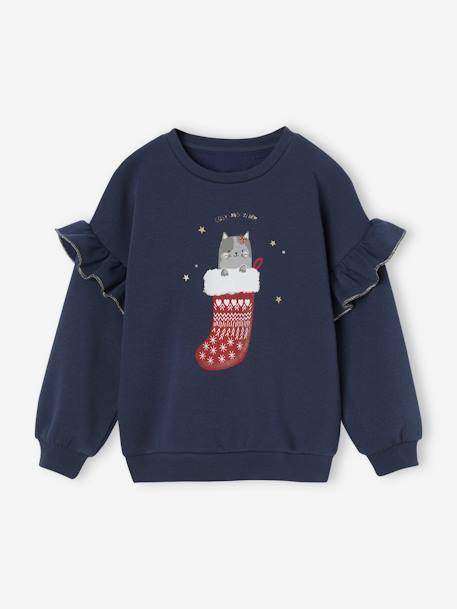 Mädchen Sweatshirt mit Glitzerkatze und Recycling-Polyester marine 1