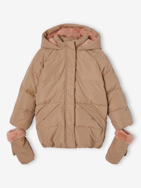 Mädchen Daunenjacke mit Handschuhen cappuccino 1