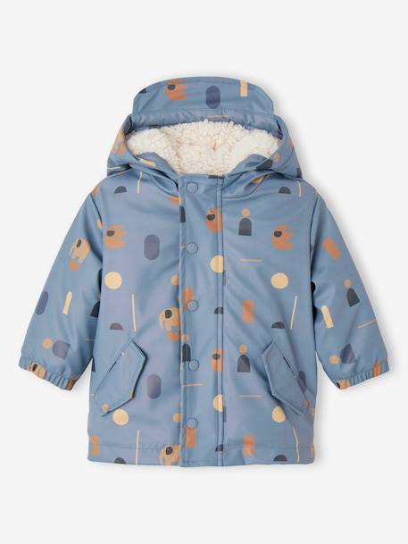 Baby Regenjacke mit Teddyfleecefutter und Recycling-Polyester blau bedruckt 1