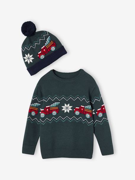 Jungen Weihnachts-Geschenkset: Pullover & Mütze Oeko-Tex tannengrün 5