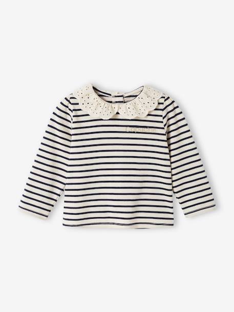 Baby Shirt mit besticktem Kragen hellbeige+marine gestreift+rot gestreift 14