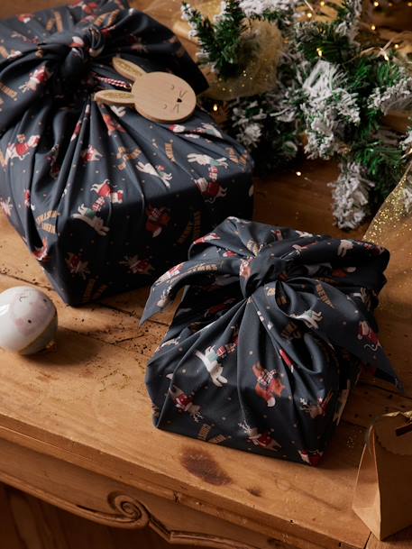 2er-Set Furoshiki-Geschenktücher Weihnachtsmann und Freunde blau bedruckt 2