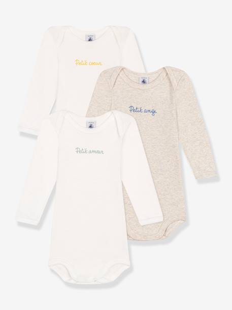 3er-Pack Baby Langarm-Bodys PETIT BATEAU aus Bio-Baumwolle, Oeko-Tex beige+weiß 4