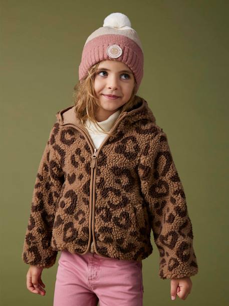 Mädchen Teddyfleece-Jacke mit Kapuze und Leopardenmuster braun bedruckt 1