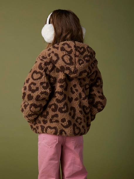 Mädchen Teddyfleece-Jacke mit Kapuze und Leopardenmuster braun bedruckt 7