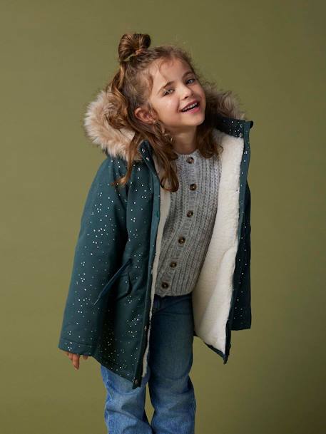 Warme Mädchen Winterjacke mit Glitzer und Webpelz, Recycling-Wattierung blush+smaragdgrün 8