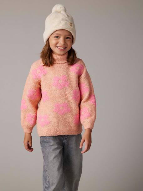 Flauschiger Mädchen Rollkragenpullover mit Muster graugrün+rosa 10