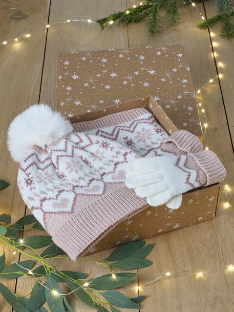 Mädchen Weihnachts-Geschenkset: Mütze, Rundschal & Handschuhe aus Jacquardstrick pudrig rosa 1